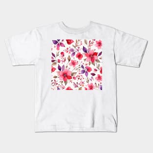 Pink Violet and Brown Floral Pattern on White Kids T-Shirt